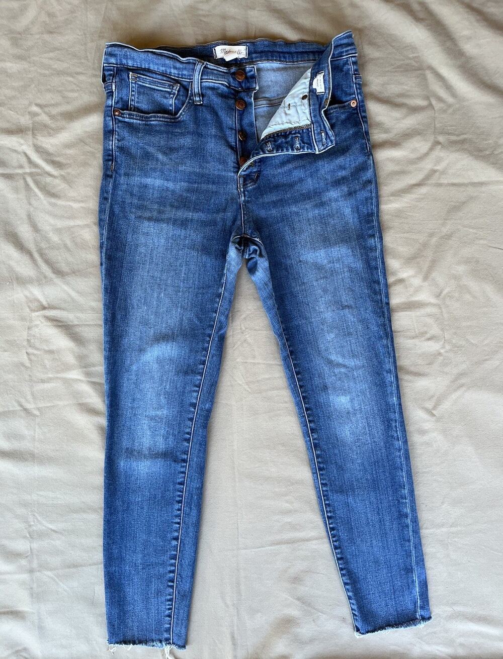 Madewell 9" Mid-Rise Skinny Jeans Women's 30 Blue Button Fly Raw Hem Stretch